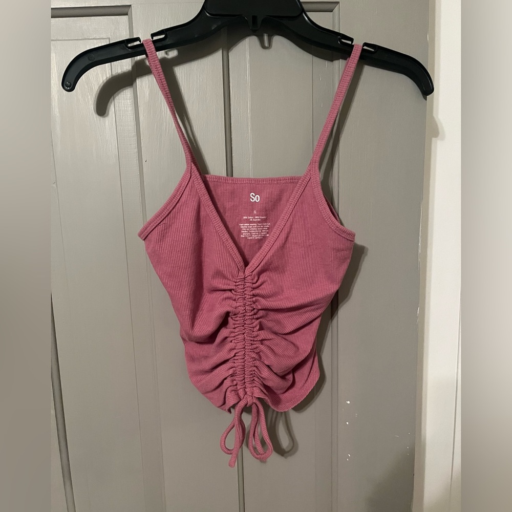 SO purple tank with rouching in the front and ties at the bottom